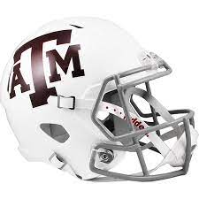 An Autographed White Aggie Helmet by Hendolph on a white background.